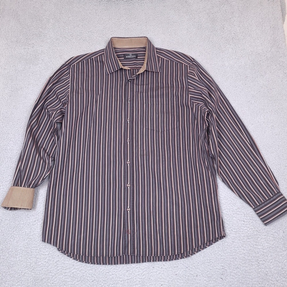 Bugatchi Uomo Shirt Mens XXL Black Brown Striped Button Up Contrast Cuff